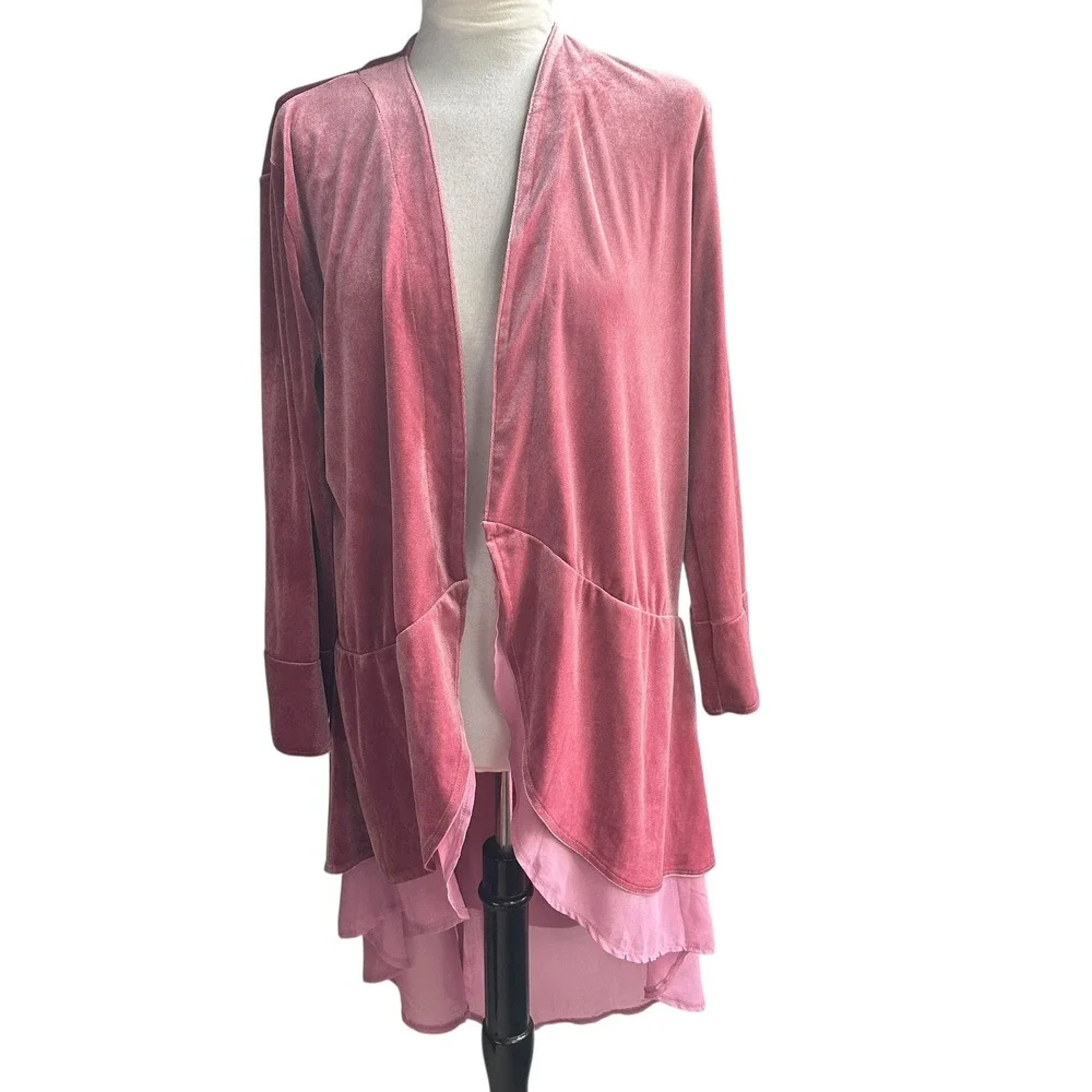 R. Vivimos Velvet Duster Cardigan Pink Open Front Waterfall Hem Chic Medium NWOT